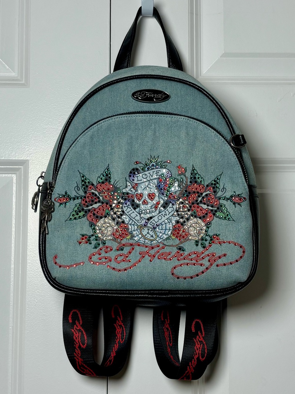ED HARDY Denim Love Kills Slowly Rhinestone Embellished Backpack